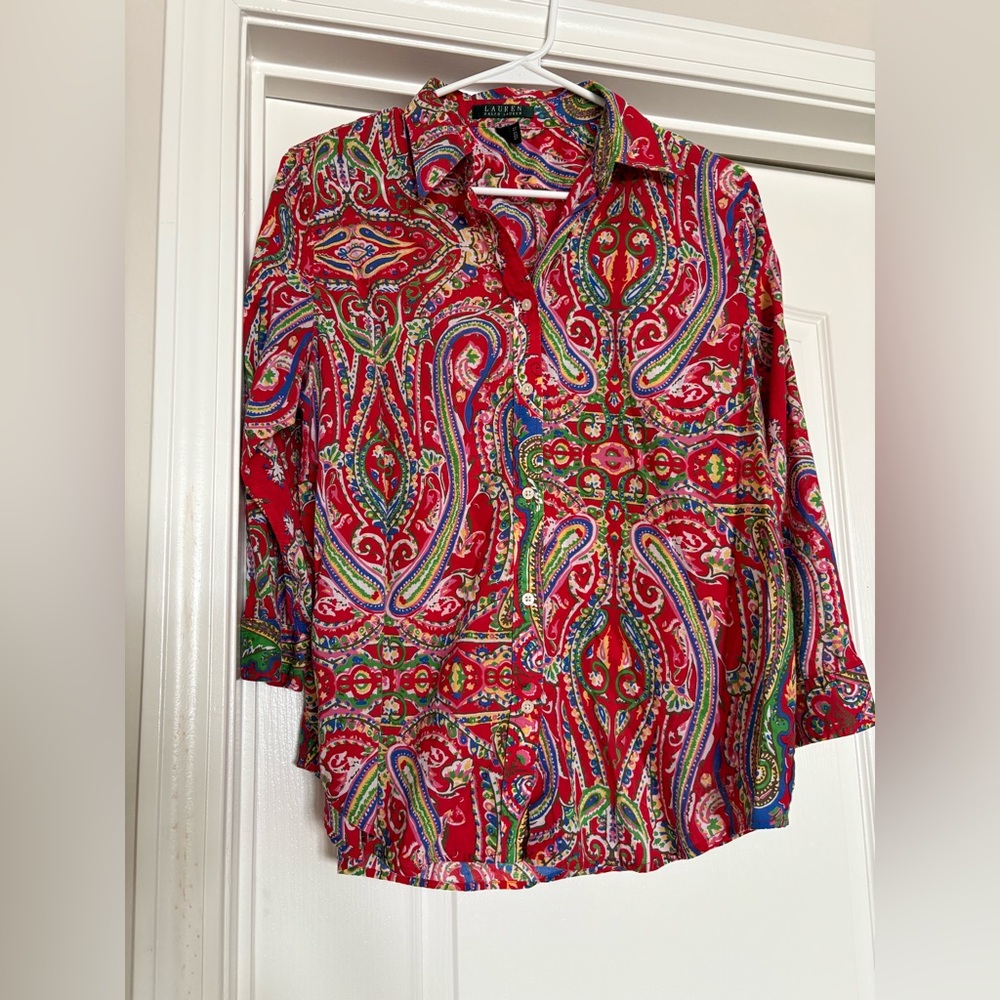 Lauren Ralph Lauren Red Multicolor Paisley 3/4 Sleeve Blouse